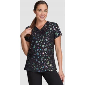 A black top with a colourful floral print, featuring a V-neck and short sleeves. It has a branding logo.