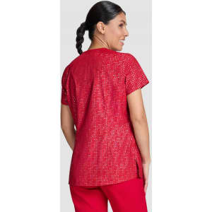 A red patterned top with short sleeves, featuring a stylish design and a back view, complete with a logo.