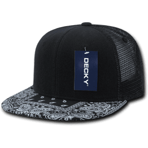 A black high-profile structured trucker hat with a patterned bandanna brim and a mesh back. It has a logo tag.