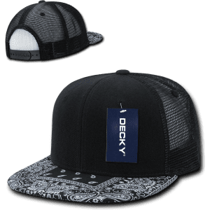 A black high-profile structured trucker cap with a patterned brim and a mesh back, featuring a logo tag.