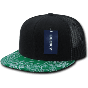 A black trucker cap featuring a green bandanna-patterned brim and a logo tag attached.