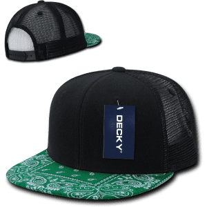 A high-profile structured trucker cap with a black body and green bandanna-style brim, featuring a logo on the front.