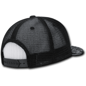 A black and white 6 Panel High Profile Structured Bandanna Trucker cap with a mesh back and a logo.