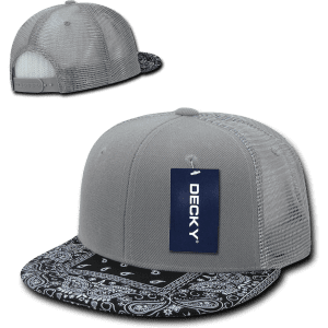 A grey trucker cap with a structured design and a patterned black bandanna brim. It has a logo and tag attached.