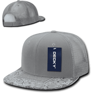 A grey high-profile structured trucker cap with a patterned brim and a mesh back, featuring a logo.