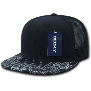 A black trucker cap with a patterned bandana visor and a mesh back, featuring a logo tag.