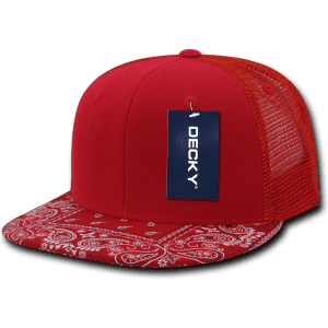 A red high-profile trucker cap with a patterned bandanna brim and a mesh back, featuring a tag.
