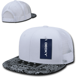 A high-profile structured bandanna trucker cap with a white mesh back and a black patterned brim. It features a logo.