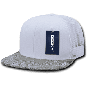 A structured high-profile trucker cap in white with a grey bandanna-patterned brim and a logo tag.
