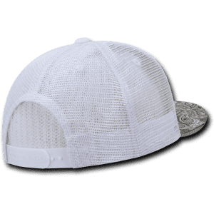 A high-profile structured trucker cap in white with a patterned front. The cap features a mesh back and has a logo.