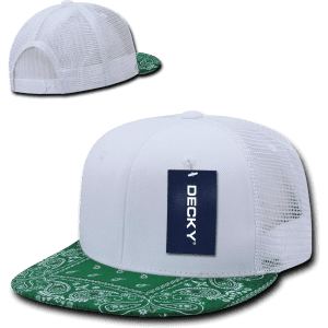 A white trucker cap with a green bandanna-patterned brim and mesh back, featuring a logo tag.