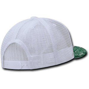 A white mesh trucker cap featuring a green bandanna-patterned brim and an adjustable strap at the back.