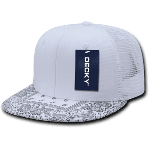 A white trucker cap with a patterned grey brim and mesh backing, featuring a logo tag on the front.
