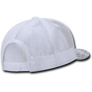 A white, high-profile structured trucker cap featuring a mesh back and a patterned brim. It includes a logo.