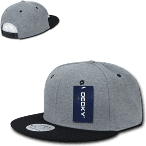A grey and black snapback cap with a structured high profile and a logo on the front.