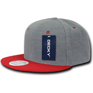 A grey and red snapback cap featuring a logo and a tag attached.