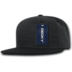A high-profile structured snapback cap in dark grey, featuring a tag and a logo on the front.