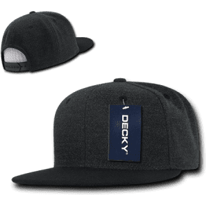 A high-profile structured snapback cap in dark grey with a black peak and a tag. Features a logo on the side.