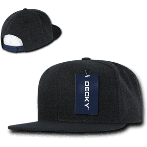 A high-profile structured snapback cap in black Melton fabric with a logo tag attached.