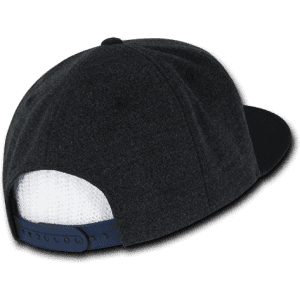 A structured snapback cap in black with a mesh back and blue adjustable strap, featuring a logo.