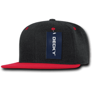 A black and red structured snapback cap with a flat brim and a brand tag attached.
