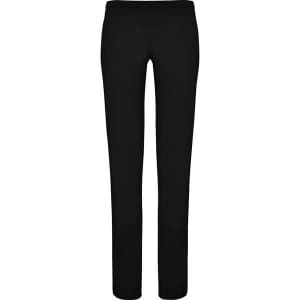 Black straight-cut leggings with an elastic waistband, featuring a logo on the label.