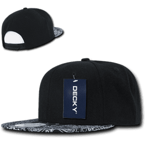 A black snapback cap with a patterned peak and a branded tag, featuring a structured high profile design.