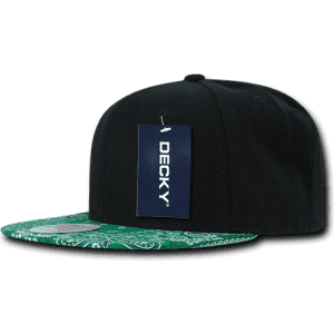 A black snapback cap with a patterned green brim and a logo tag attached.