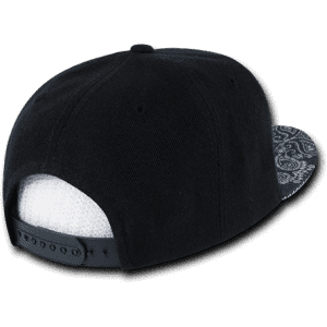 A black snapback cap featuring a patterned bandanna design on the underside of the visor. It has a structured profile and a logo.