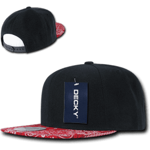 A black snapback cap with a structured high profile and a red bandanna-patterned brim. It includes a logo tag.