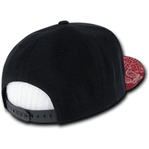 A black snapback hat with a red paisley patterned underside, featuring a structured, high-profile design and a logo.