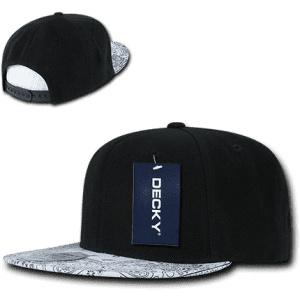 A black snapback cap featuring a patterned brim and an attached tag. The cap has a structured high profile design.