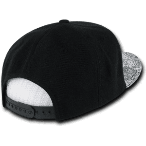 A black snapback cap with a patterned underside and an adjustable strap. Features a structured design and a logo.