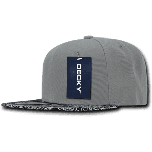 A grey snapback cap with a structured bandanna print under the peak and a branded tag attached.