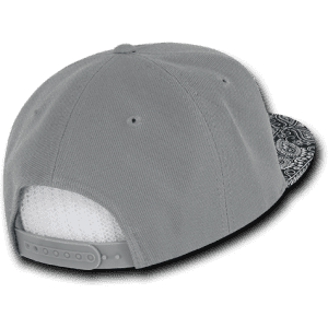 A grey snapback cap with a patterned brim and a plastic adjustable strap at the back. Features a logo.