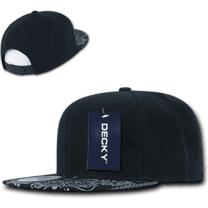 A black snapback cap with a patterned brim and a logo. Features a structured high profile and adjustment snap.