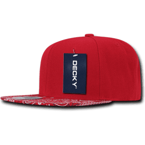 A red snapback cap with a structured six-panel design and a patterned brim, featuring a branded tag.