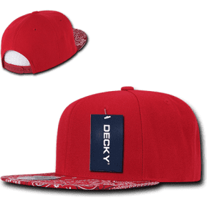 A red snapback cap featuring a patterned brim and a logo. The hat has a structured high profile design.