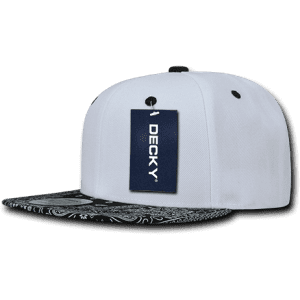 A white snapback cap with a patterned black brim and a logo label attached.