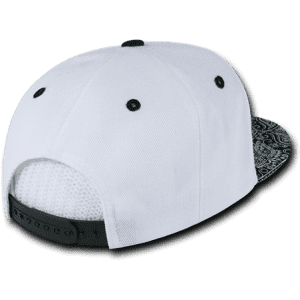 A white high-profile structured snapback cap featuring a patterned black bandanna design on the underside and a black snap closure.