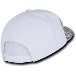 A white snapback cap with a patterned underside, featuring a structured design and adjustable snap closure at the back.