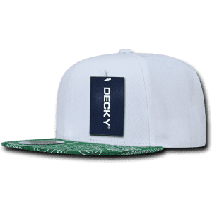 A white snapback cap featuring a green patterned brim and a branded tag attached.