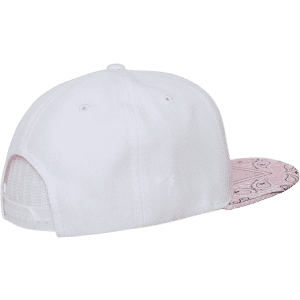 A white snapback cap featuring a patterned pink peak and an adjustable strap at the back.