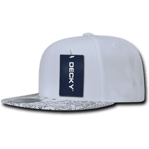 A white snapback cap with a structured high profile and a patterned black and white brim. It features a branding tag.