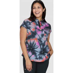 Ari Top (Print) features a vibrant tie-dye design in pink, orange, and grey, with a short collar and sleeves.