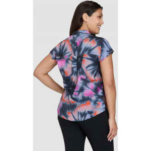 A tie-dye top featuring a blend of blue, pink, and black colours, with a short-sleeve design and a back detail.