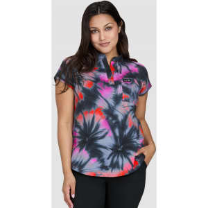 Ari Top (Print) featuring a vibrant tie-dye pattern in shades of pink, purple, and black on a stylish short-sleeve design.