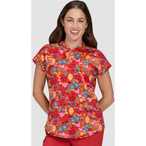 A vibrant red floral top with short sleeves and a mandarin collar, featuring colourful patterns and a logo.