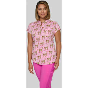 A short-sleeved shirt in pink featuring a playful print of deer on a light background, paired with bright pink pants.