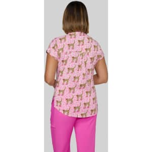 A short-sleeved top featuring a pink and beige animal print design, viewed from the back.